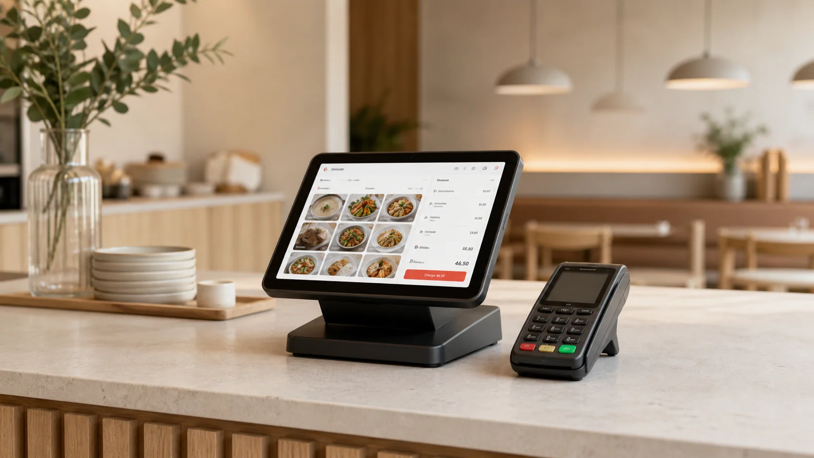 FoodlyOn-kasse og betalingsterminal på en restaurantdisk